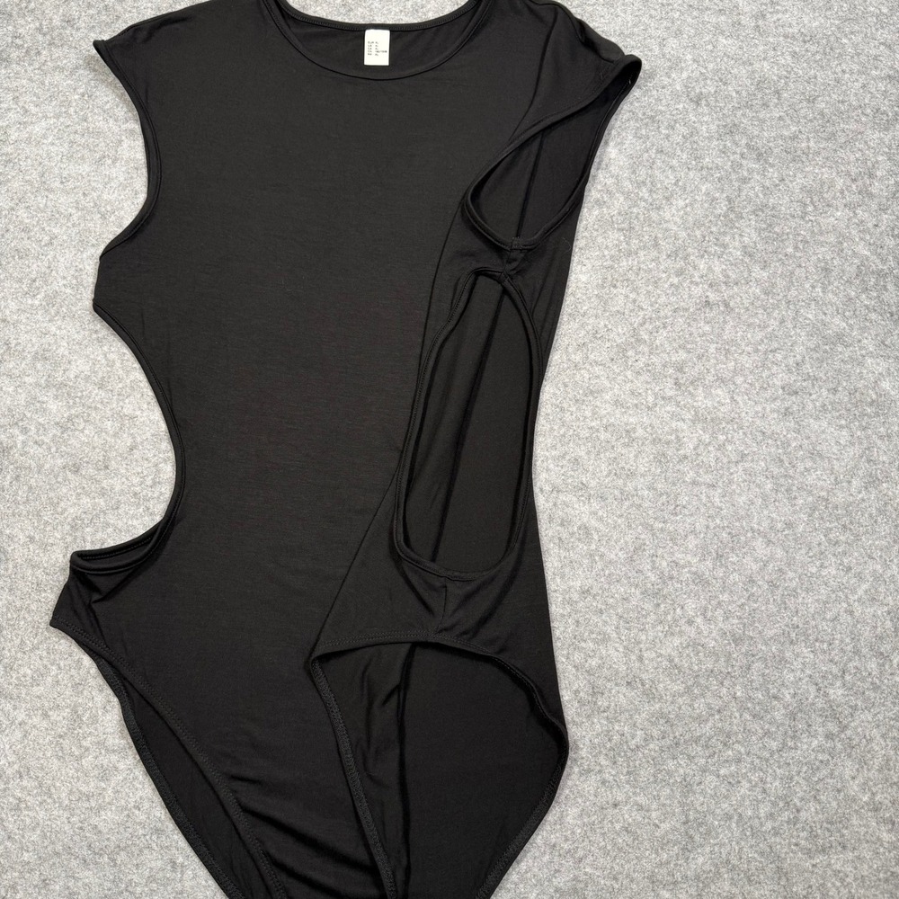 Black Cutout Sleeveless Bodice Crew Neck High Cut Bodysuit XL - Picture 5 of 9